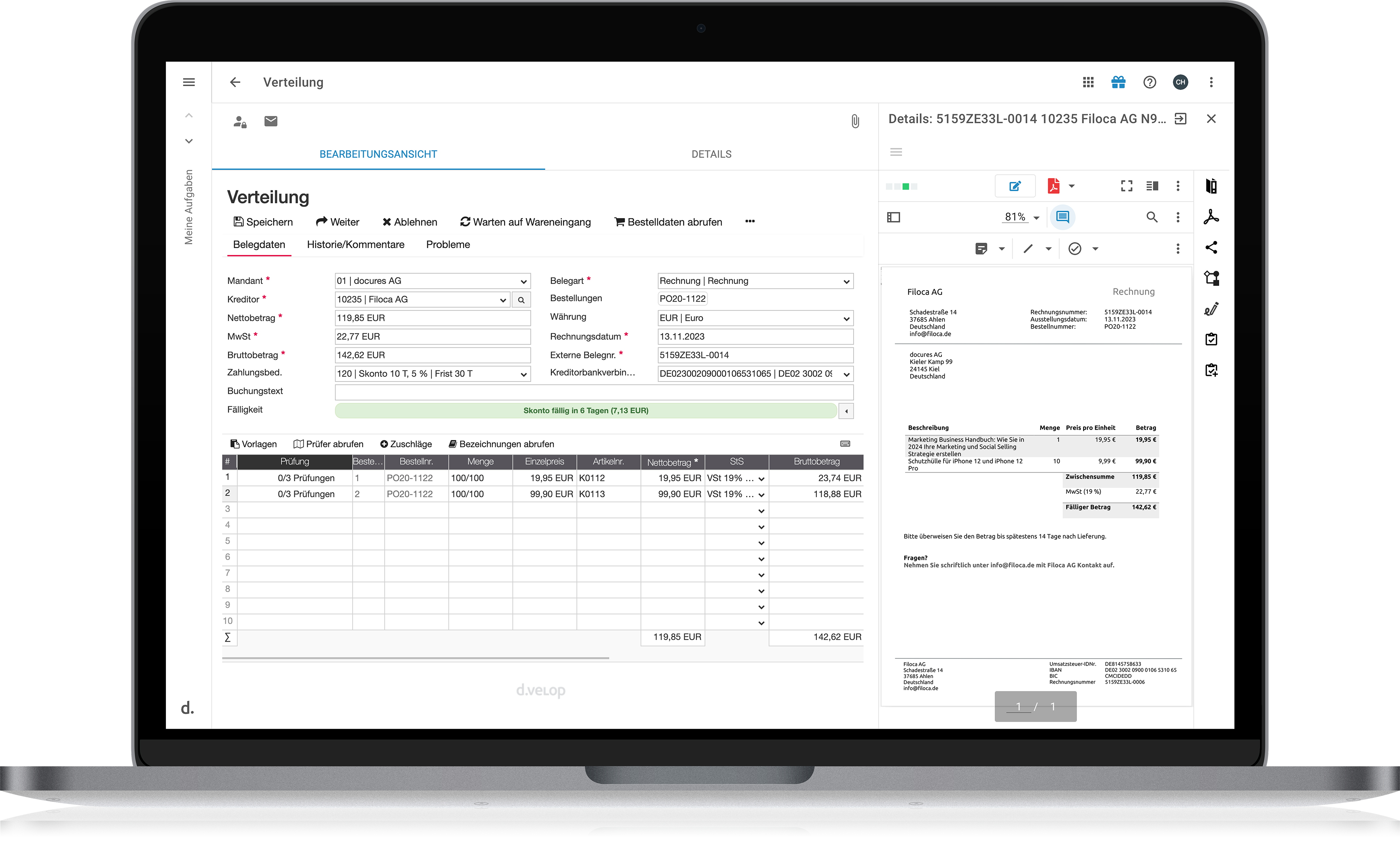 d.velop invoices for DATEV Unternehmen Online