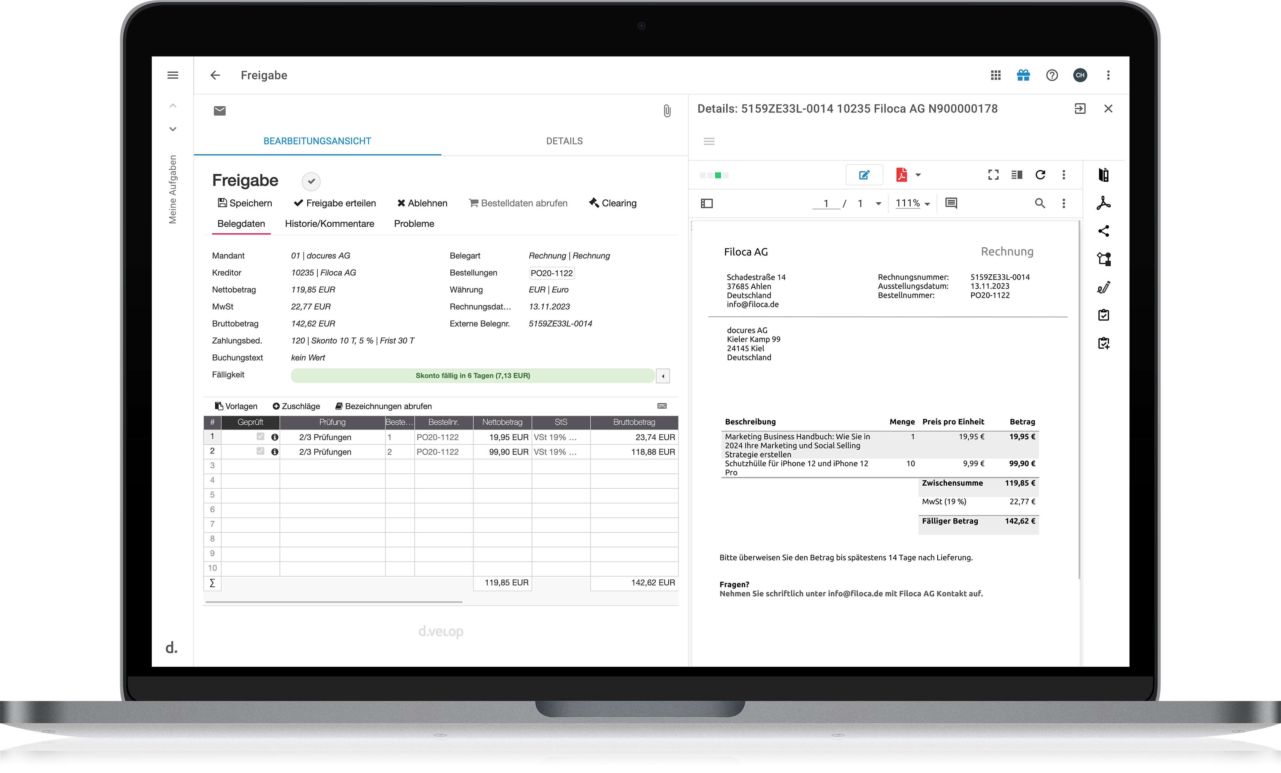 d.velop invoices for DATEV Unternehmen Online